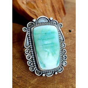 VTG Sterling Silver Handmade BIG Carved Green Stone Ring Sz 7.5 Split Shank